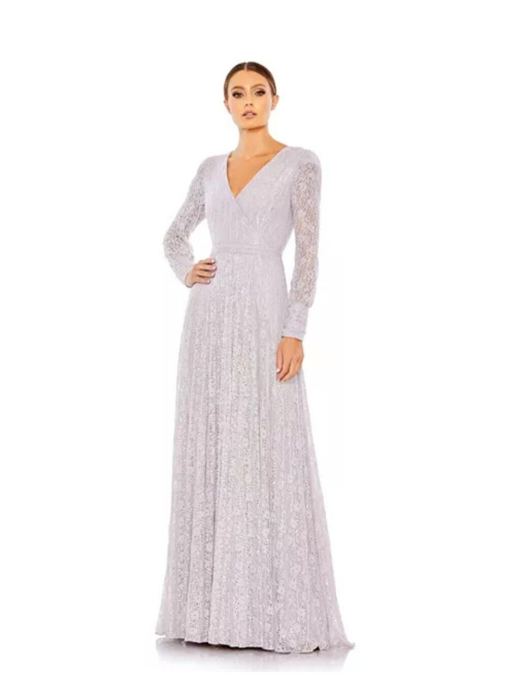 Mac Duggal Beaded Lace Long Sleeve Wrap Over GownLavender Womans Sz 12 NWT 93679